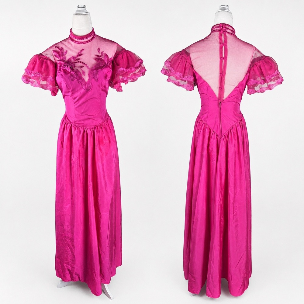 Hot pink 1980s formal prom dress princess puff sleeve barbiecore vintage costume